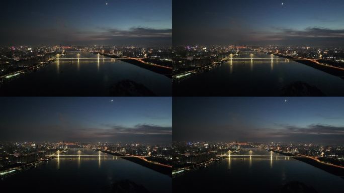从天兴洲角度拍摄武汉长江两岸夜景航拍