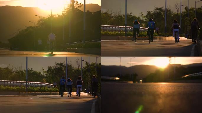 夕阳下休闲骑行自行车