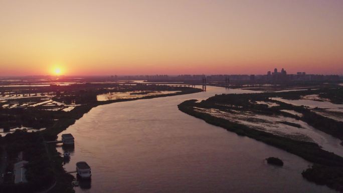 哈尔滨松花江夕阳晚霞航拍