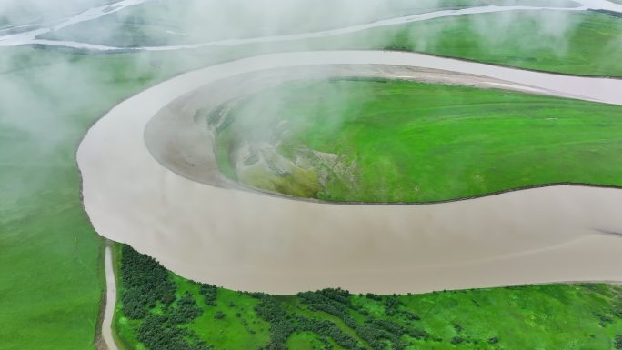 草原黄河河流九曲黄河三江源湿地第一湾云海