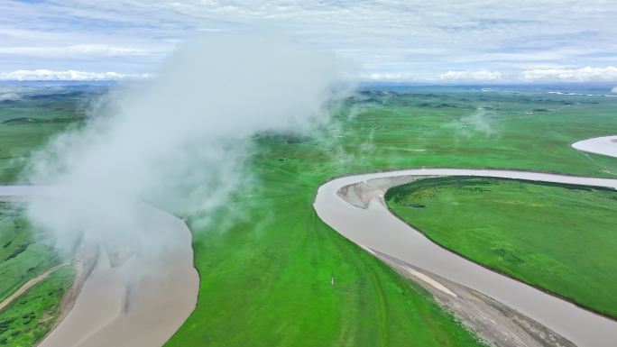 草原黄河河流九曲黄河三江源湿地第一湾云海