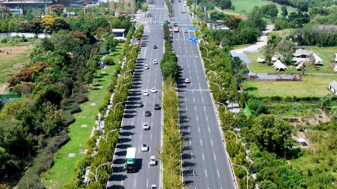 城市道路绿化双向八车道4K航拍