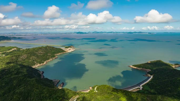 台州玉环沙门镇日岙后沙石头滩大海航拍延时