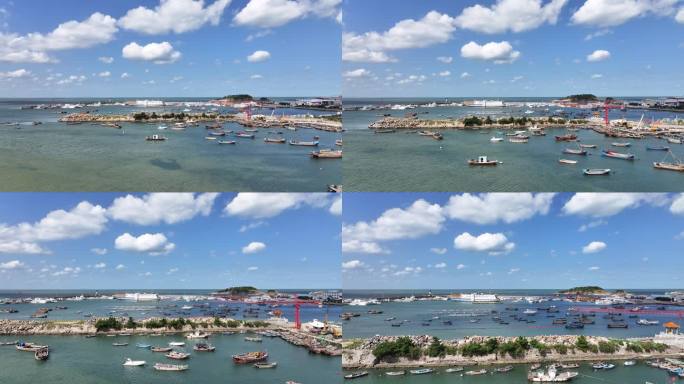 航拍蓝天白云威海高新区小石岛渔港渔船