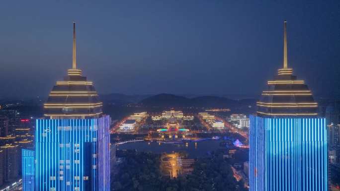 航拍枣庄双子星市政广场夜景