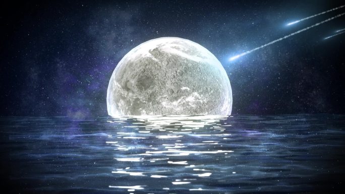 月亮出海流星划过