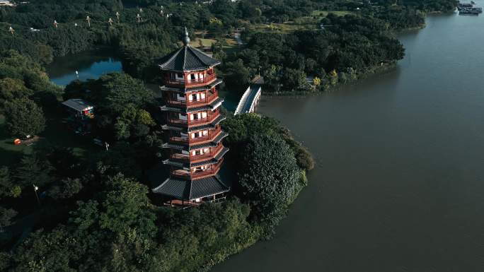 湖景 华阳塔 古风 4k航拍 夕阳 朝阳