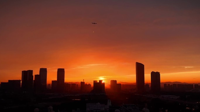 城市日落 飞机天空 黄昏 城市夕阳