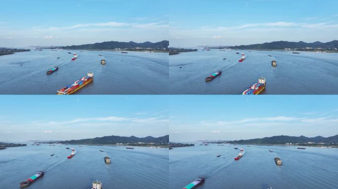 航拍长江湖口石钟山水域航运景观