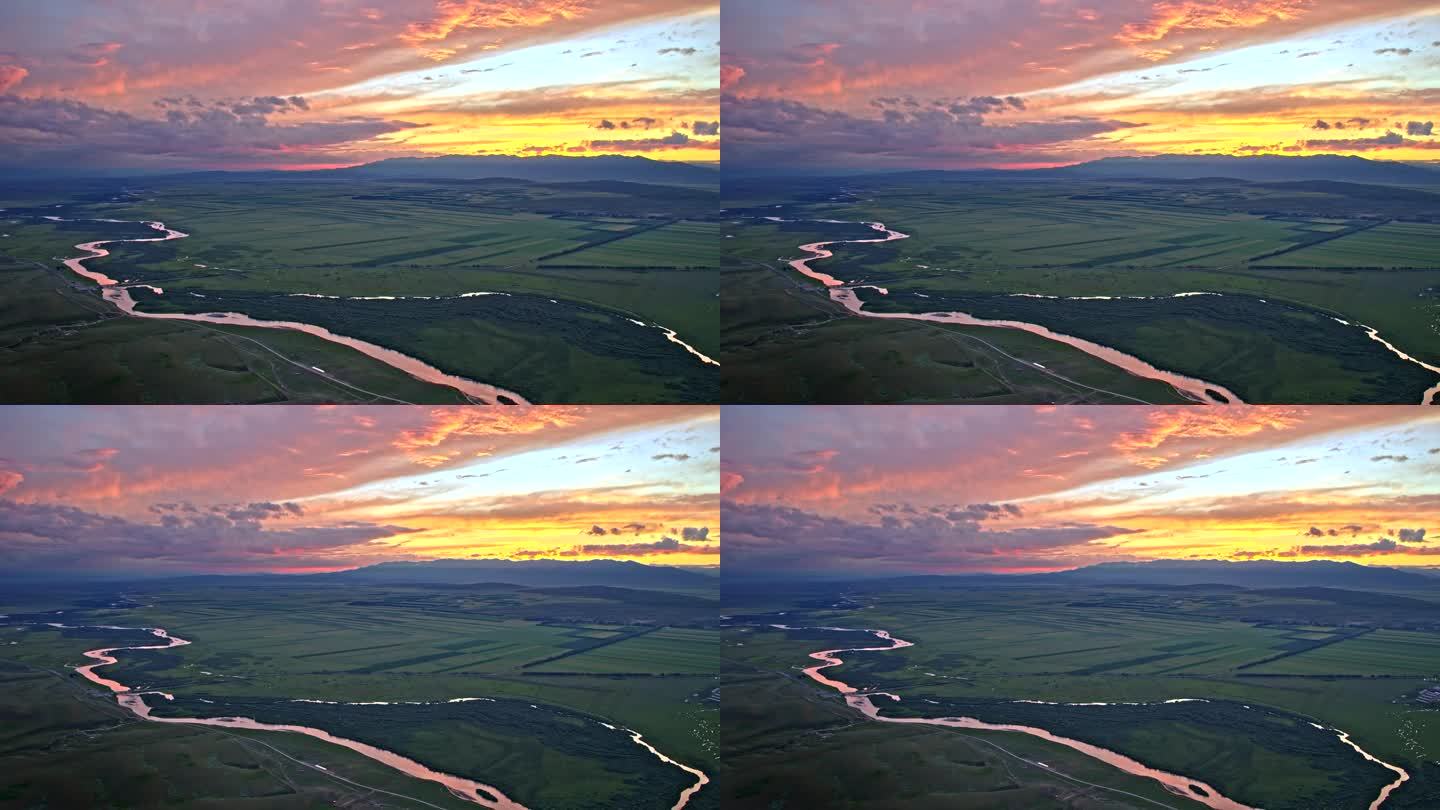 新疆夕阳草原河流