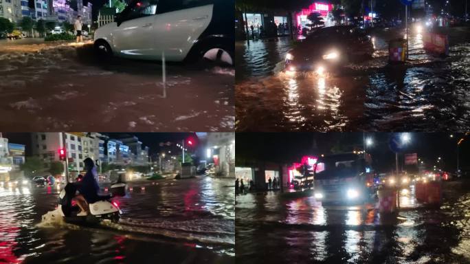 城市暴雨积水下水道堵塞水淹汽车走过积水路