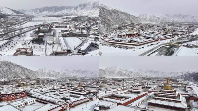 拉卜楞寺冬季雪景雪山县城航拍