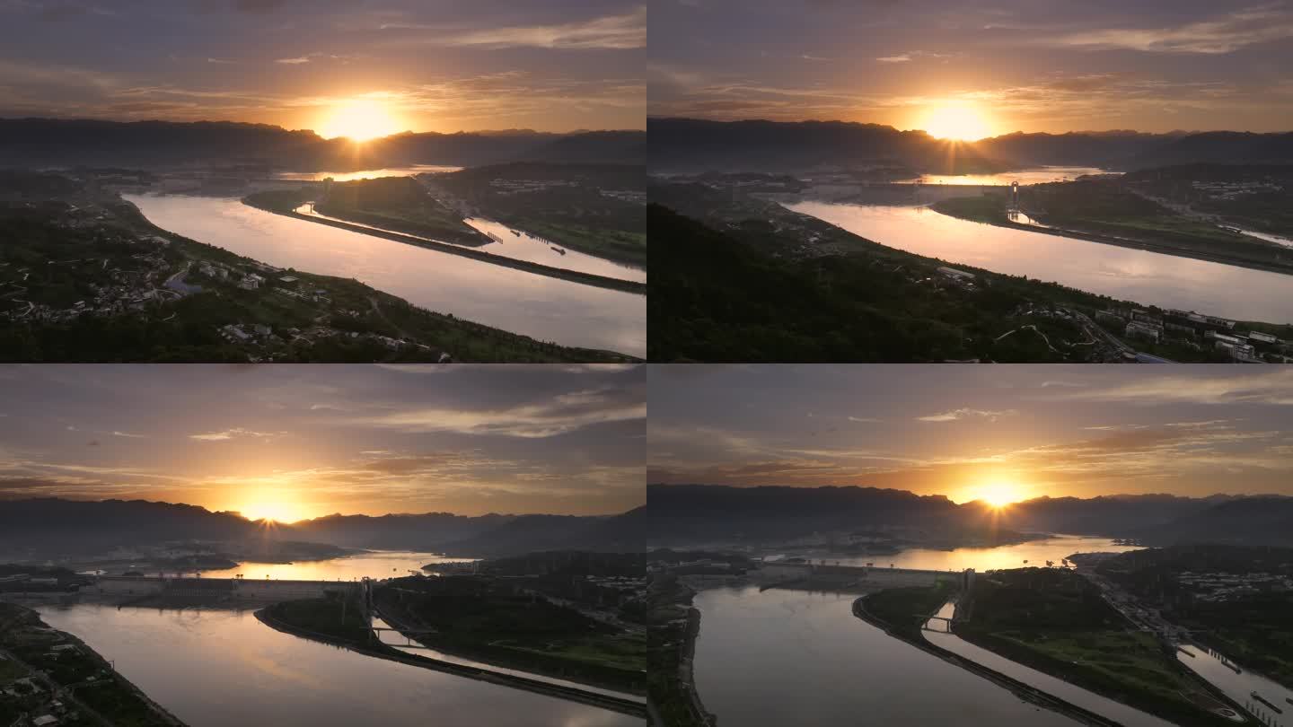 湖北宜昌三峡大坝夕阳即将落山时的绝美风景