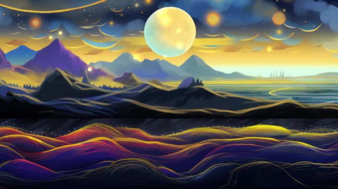宽屏手绘插画山水月亮背景
