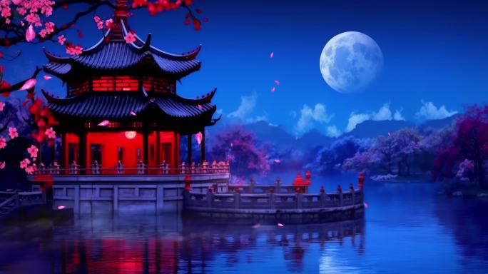 中国风湖边亭子花瓣戏曲背景循环