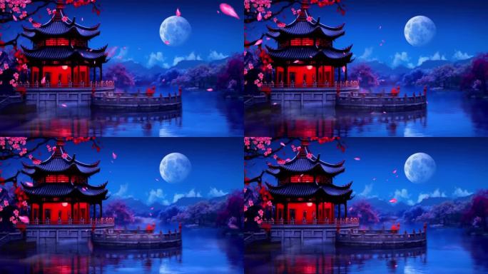 中国风湖边亭子花瓣戏曲背景循环