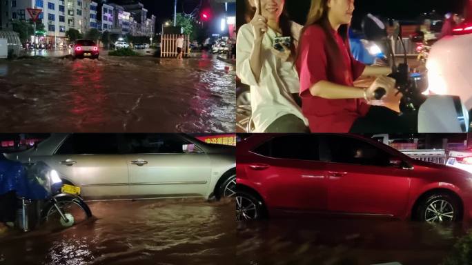 城市暴雨积水下水道堵塞水淹汽车走过积水路