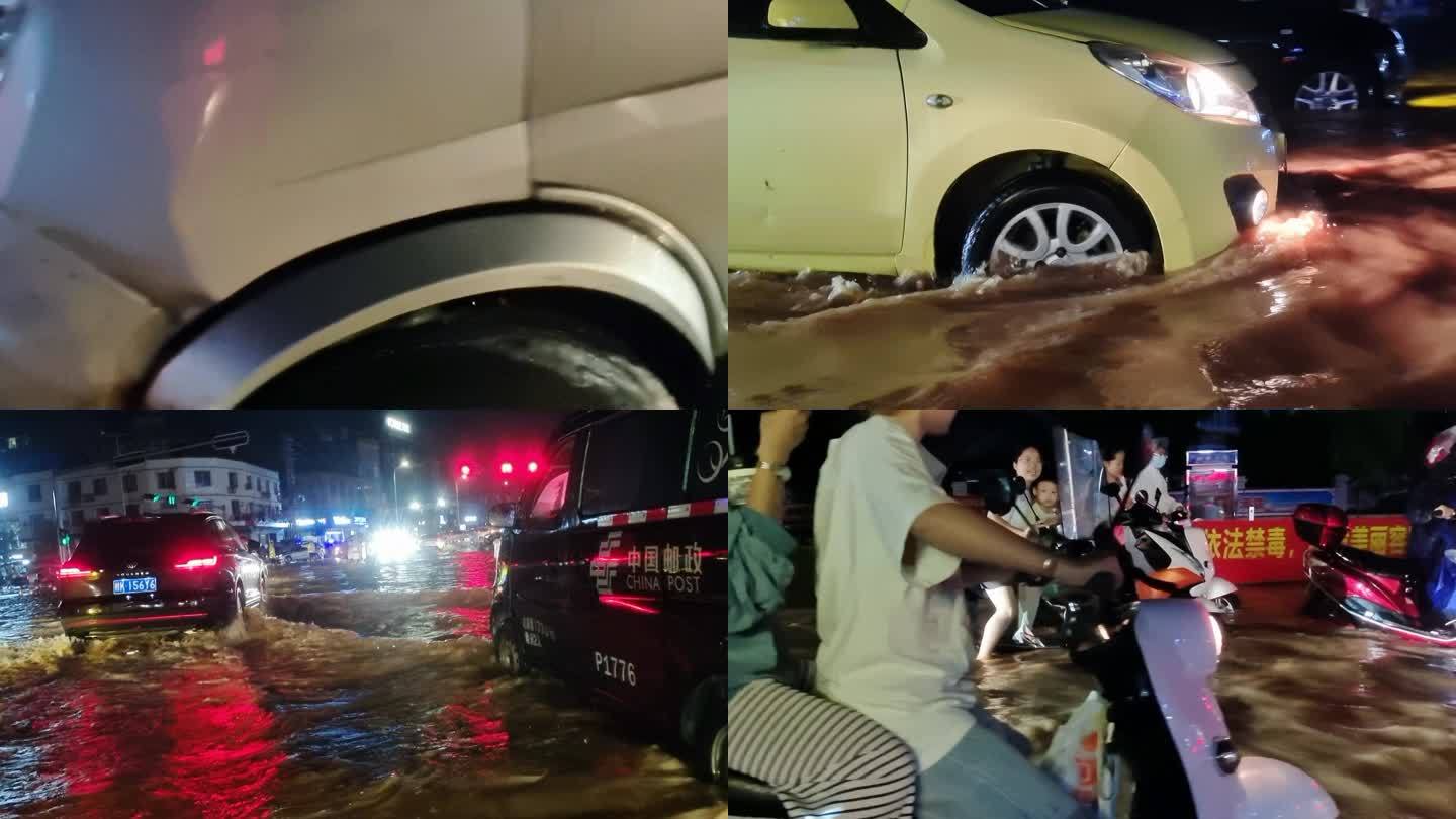 城市暴雨积水下水道堵塞水淹汽车走过积水路