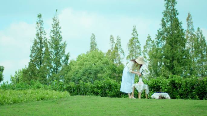 夏日 草地 美女 喝茶 文艺5