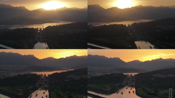 湖北宜昌三峡大坝五级船闸日落黄昏夕阳航拍