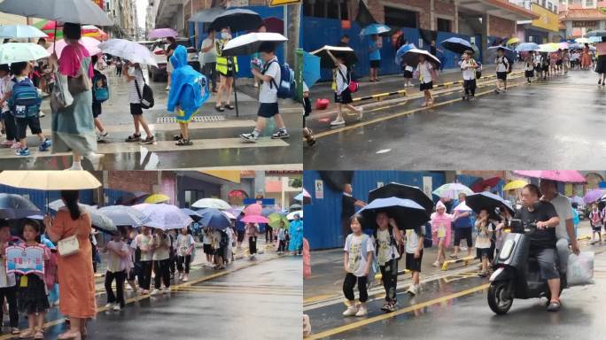 阴雨天小学生雨伞背书包排队放学路人行人