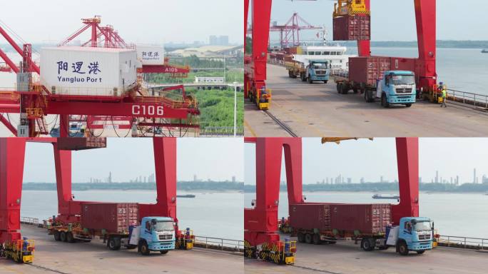 武汉阳逻港吊机装卸作业车辆运输集装箱细节