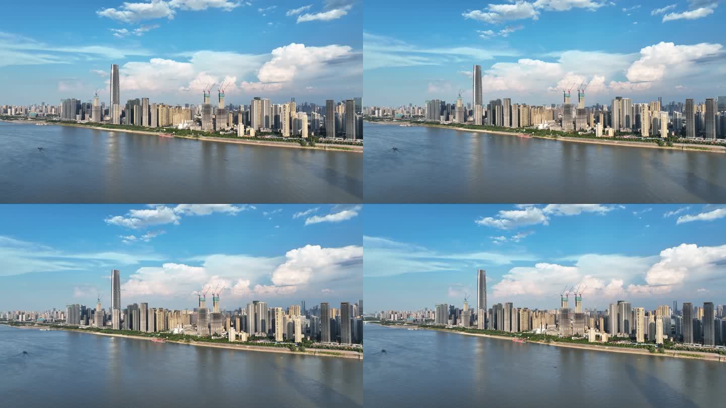航拍武汉城市地标天际线高楼绿地中心江景
