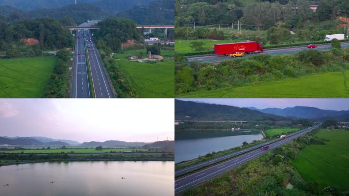 航拍高速公路物流车辆行驶 田野乡村