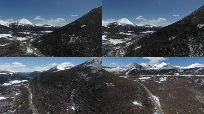 雪地高原电网电塔航拍大景1