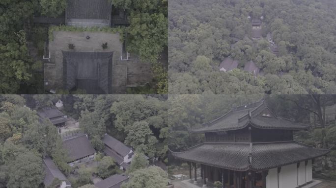 4K航拍杭州虎跑公园寺庙灰度模式