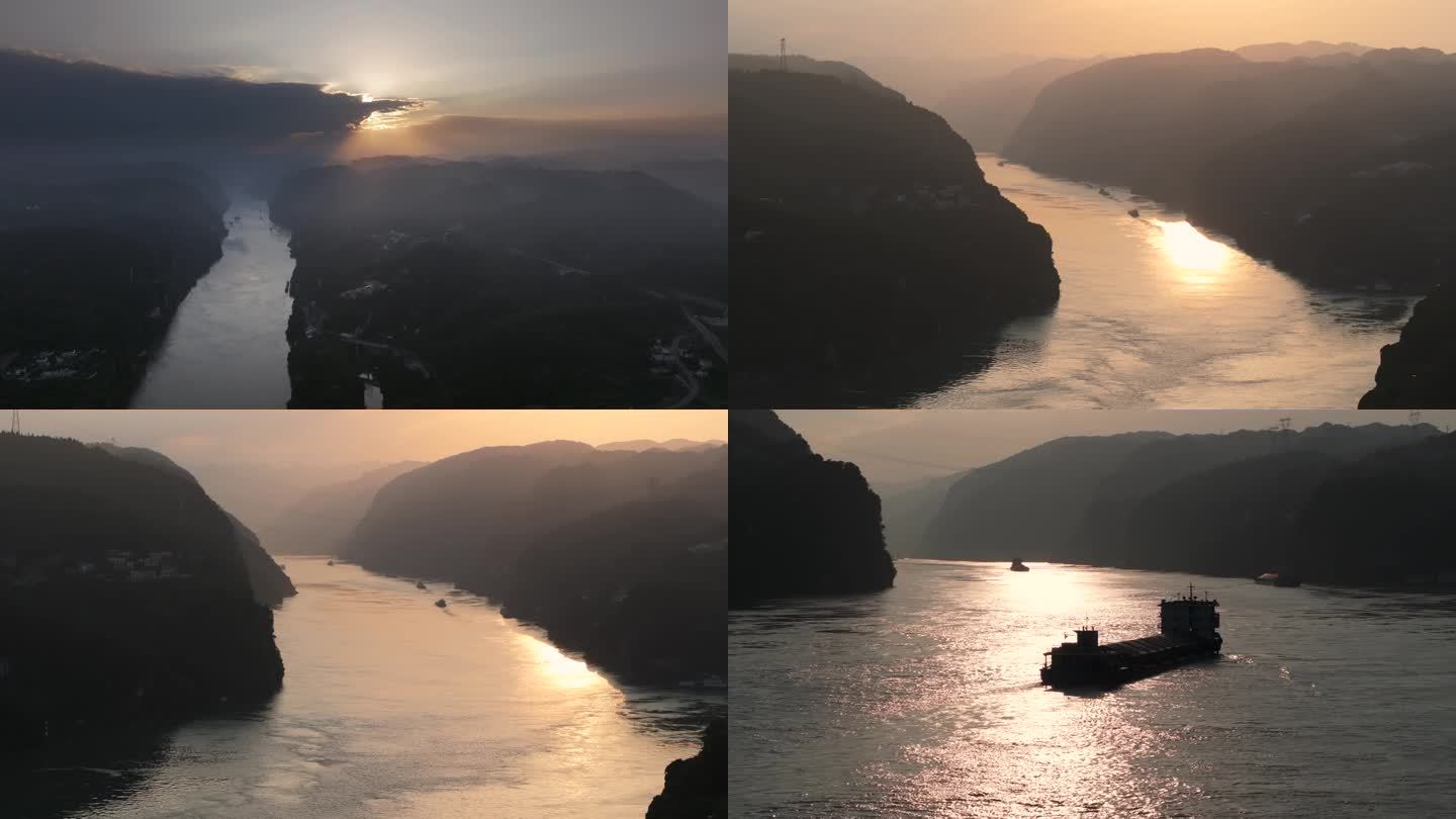 长江上游三峡段青山绿水逆光航拍风景