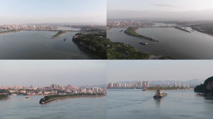湖北宜昌长江葛洲坝段来往货船和风景
