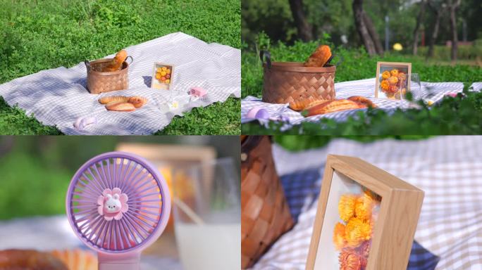 夏日户外野餐甜品 小风扇小清新唯美画面