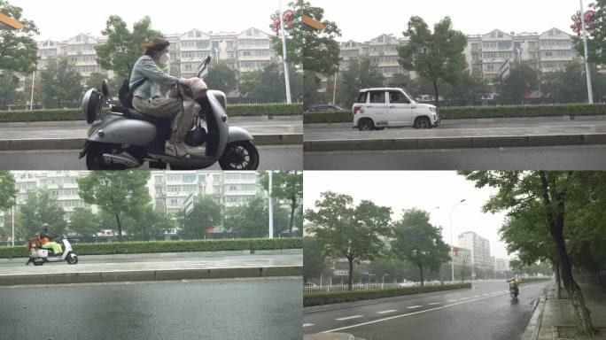 各种各样的骑车人升格行人雨中的行人慢镜头