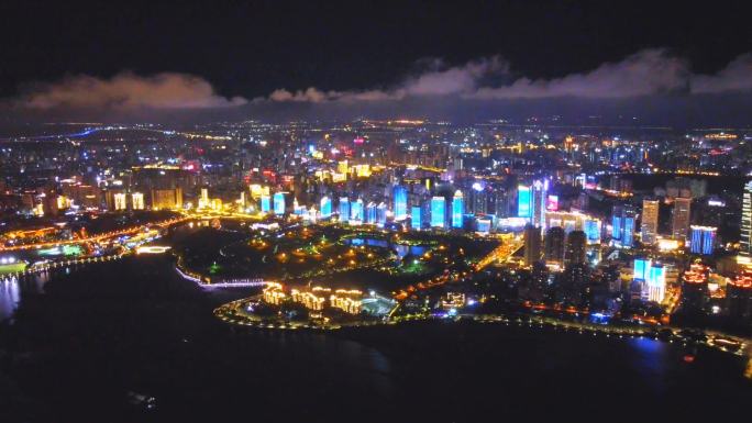 海南海口国贸夜景国庆节夕阳晚霞风光