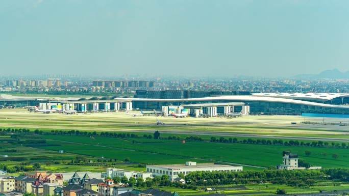 杭州萧山机场航空港全景移动延时摄影
