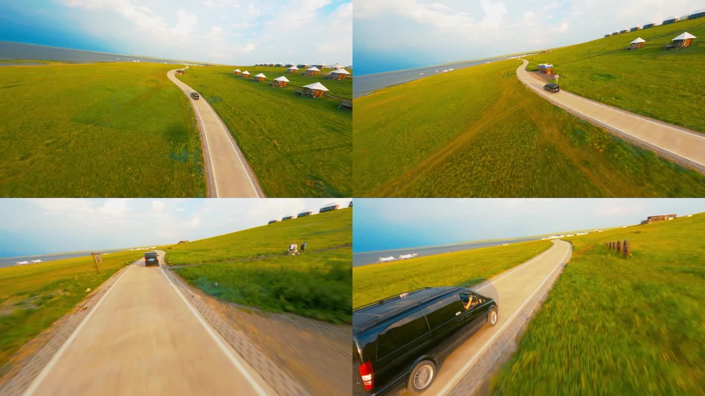 FPV拍摄行驶在草原上的奔驰商务车