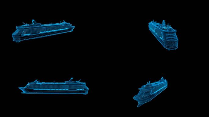 蓝色线框全息游轮素材带通道