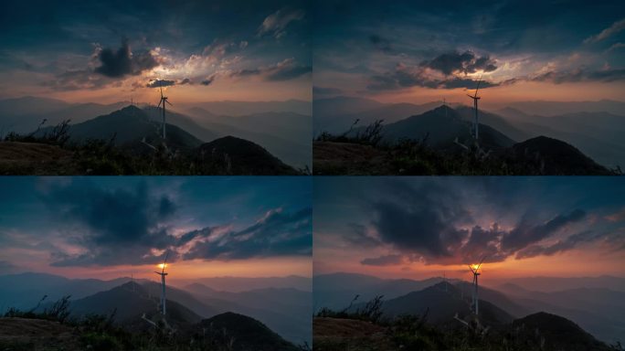 山区风力发电厂美丽的夕阳延时摄影