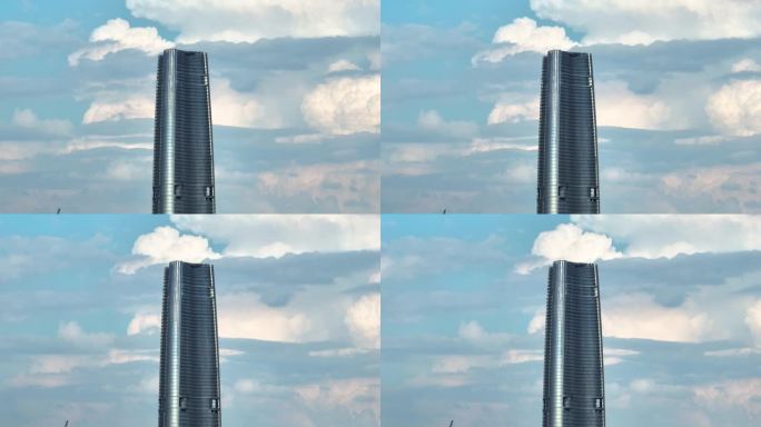 航拍蓝天白云武汉城市地标最高楼绿地中心