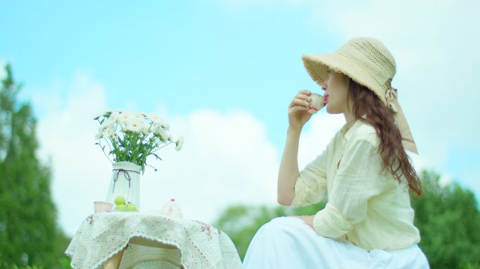 夏日 享受 阳光 雏菊 喝茶4