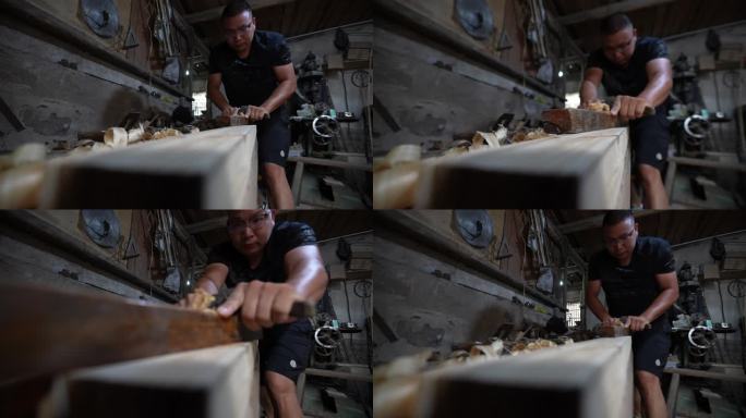 传统木匠师傅用刨刀刨木头做家具实拍原素材