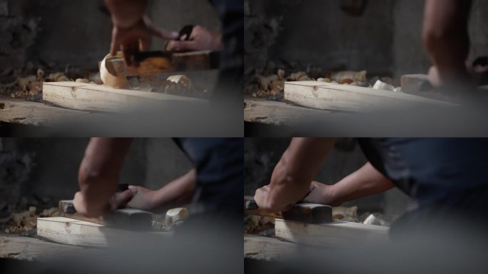 传统木工工匠师傅刨木头实拍原素材