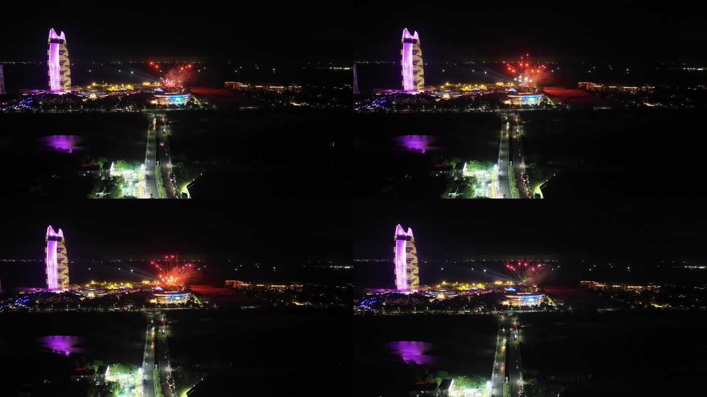 航拍三亚海棠湾焰火烟花表演亚特兰蒂斯酒店