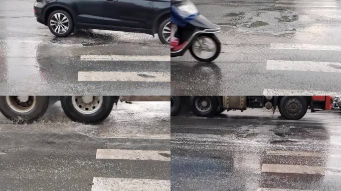 汽车通过凹凸水坑雨天马路汽车轮子车流特写