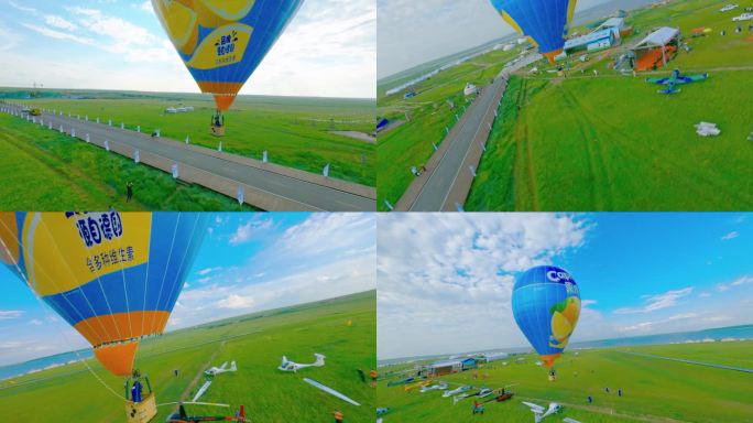 FPV拍摄低草原上空飞行的热气球