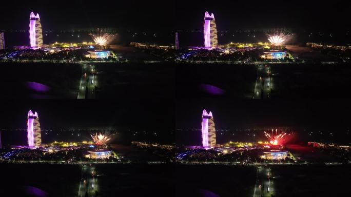 航拍三亚海棠湾焰火烟花表演亚特兰蒂斯酒店