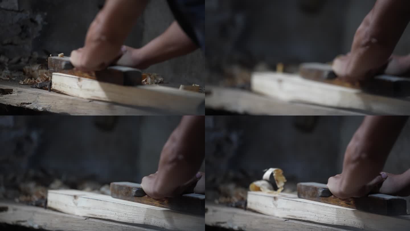 传统木匠刨刀刨木头实拍原素材手特写