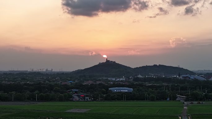 航拍佘山国家森林公园远山日落风景