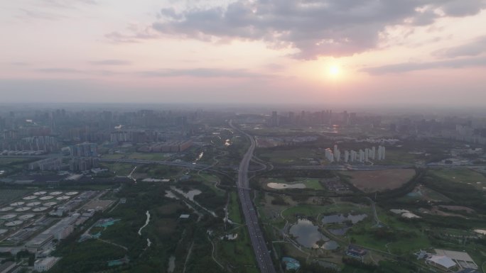 成都市绕城江家立交桥日落航拍